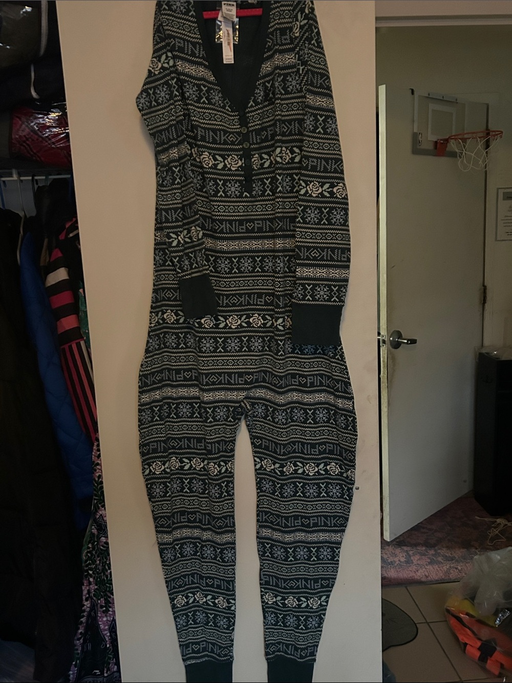 PINK Victoria's Secret Dark Green Fair Isle Hooded Knit Jumpsuit